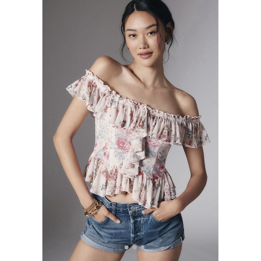 Anthropologie floral off-the-shoulder ruffled mesh top in ivory.